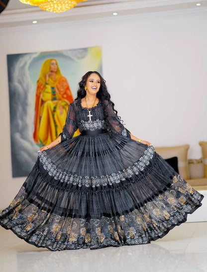 Black Modern Design Habesha Chiffon