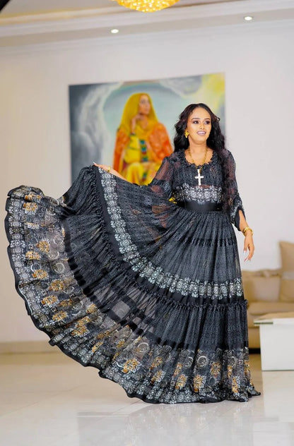 Black Modern Design Habesha Chiffon: with Silver and Golden Patterns Ethiopian Made Chiffon Dress