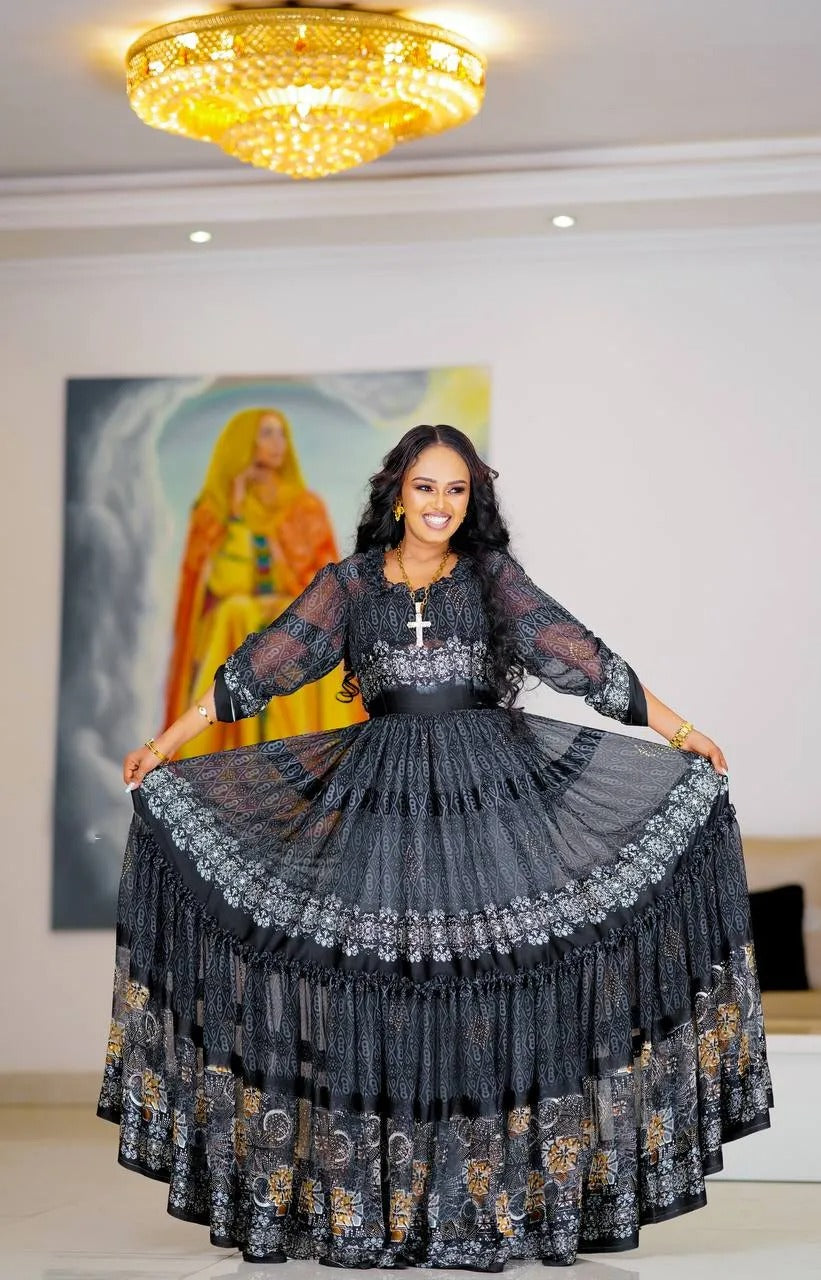 Black Modern Design Habesha Chiffon: with Silver and Golden Patterns Ethiopian Made Chiffon Dress