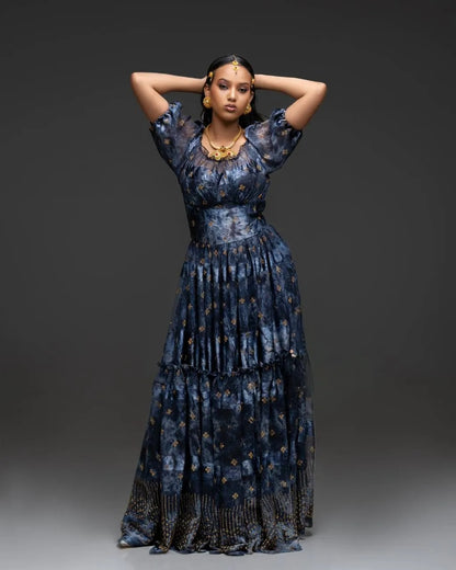 Black Excellence with Ethiopian Made Chiffon Dress: with Golden Adornments Habesha Chiffon Dress