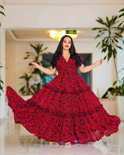 Bold Red Ethiopian Made Chiffon Dress