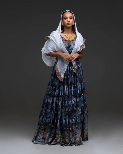 Black Excellence with Ethiopian Made Chiffon Dress: with Golden Adornments Habesha Chiffon Dress