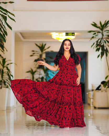 Bold Red Ethiopian Made Chiffon Dress: with Beautiful Black Ornaments Habesha Chiffon Dress