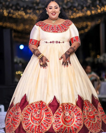 Dazzling Red Habesha Couples Outfit: Handcrafted Elegance with Matching Ethiopian Wedding Attire