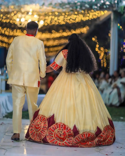 Dazzling Red Habesha Couples Outfit: Handcrafted Elegance with Matching Ethiopian Wedding Attire