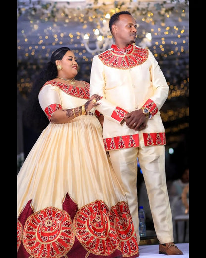 Dazzling Red Habesha Couples Outfit