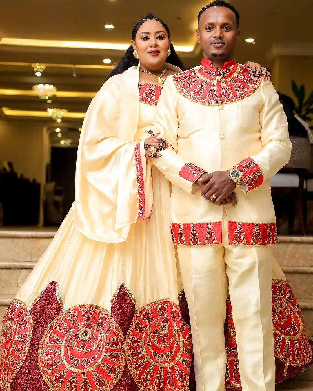 Dazzling Red Habesha Couples Outfit: Handcrafted Elegance with Matching Ethiopian Wedding Attire