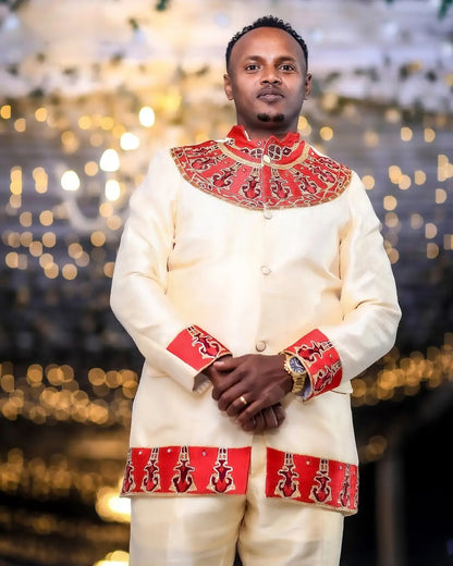 Dazzling Red Habesha Couples Outfit: Handcrafted Elegance with Matching Ethiopian Wedding Attire