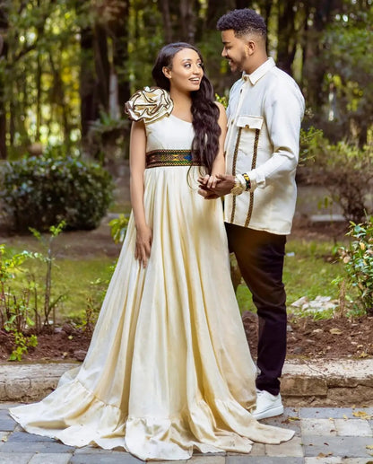 Modern Beige Ethiopian Wedding Outfit: Amazing Chic Pattern Matching Habesha Couples Attire