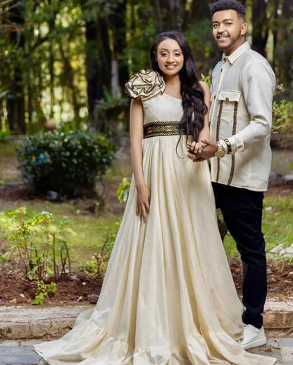 Modern Beige Ethiopian Wedding Outfit