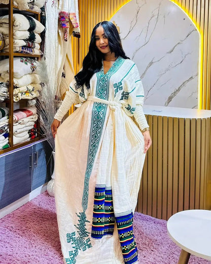 Cultural Light blue Traditional Ethiopian Dress: Authentic Habesha Dress for the Holidays Eritrean Clothing