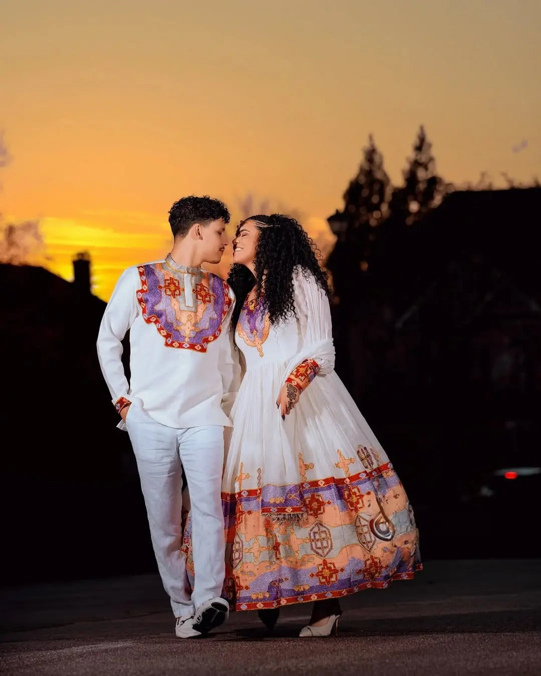 Eternal Union with Ethiopia Couples Outfit: Colorful Design on Matching Habesha Couples Attire