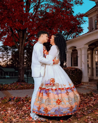 Eternal Union with Ethiopia Couples Outfit: Colorful Design on Matching Habesha Couples Attire