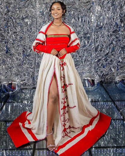 Majestic Modern Red Traditional Ethiopian Dress: Daring High Slit Habesha Dress Contemporary Habesha Kemis
