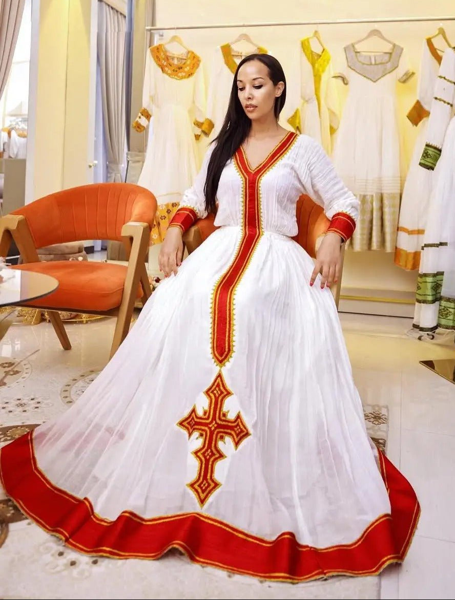 Elegant Cross Stitched Orange Habesha Dress