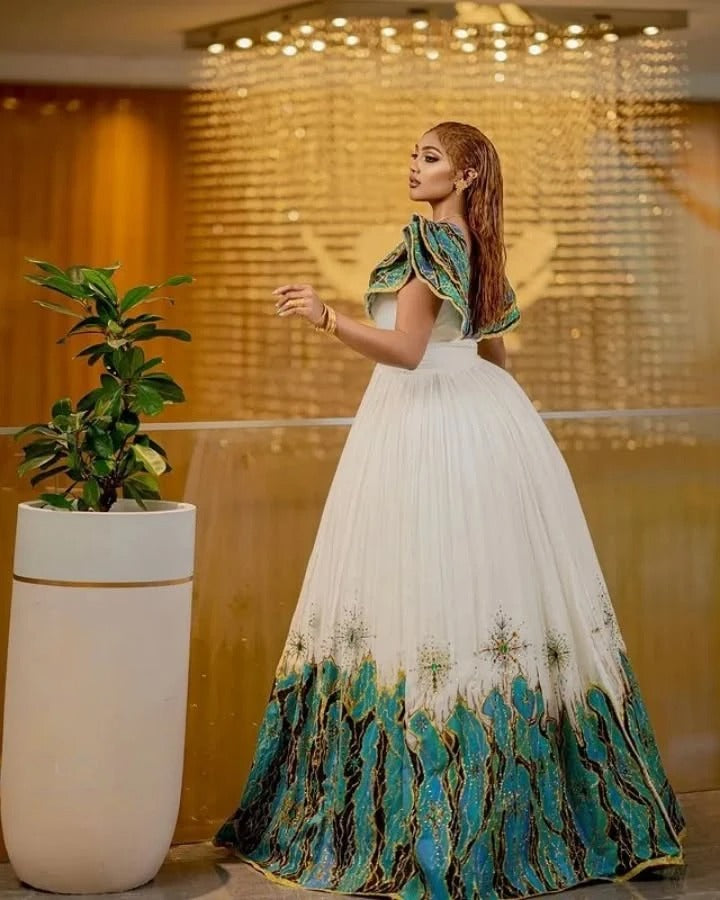 Mesmerizing Green Habesha Wedding Dress: with Shoulder Pad and Sparkling Traditional Ethiopian Wedding Dress