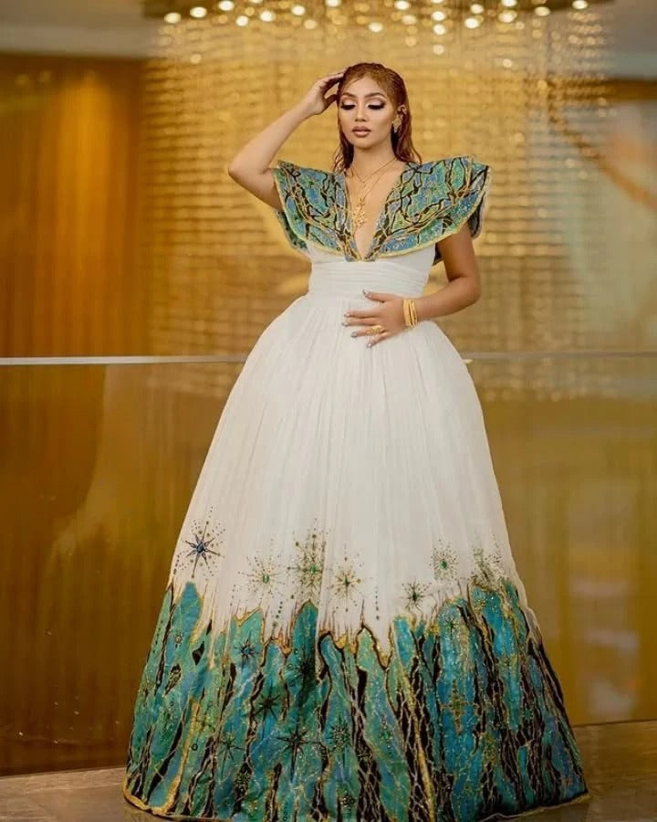 Mesmerizing Green Habesha Wedding Dress: with Shoulder Pad and Sparkling Traditional Ethiopian Wedding Dress