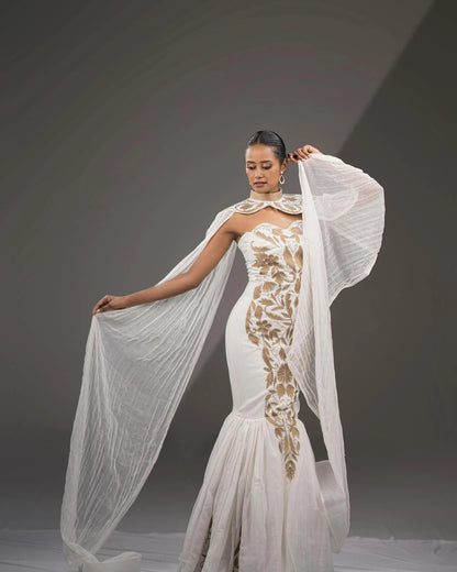 Stylish Strapless Traditional Ethiopian Dress: with Draping Cape and Golden Detailing Habesha Dress Modern Ethiopian Wedding Dress