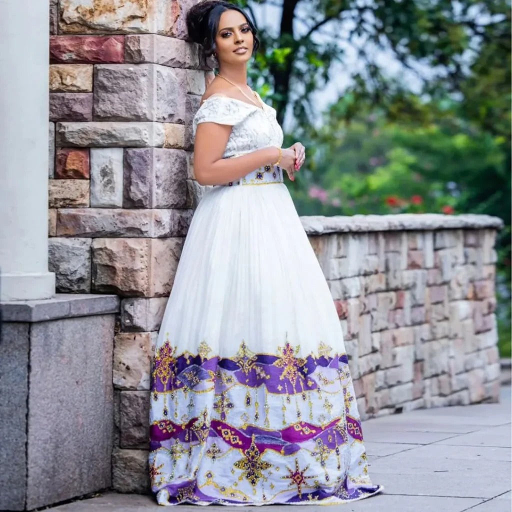 Purple Supremacy on Habesha Wedding Dress: Mesmerizing Bead Work on Ethiopian Wedding Dress Graceful Habesha Kemis