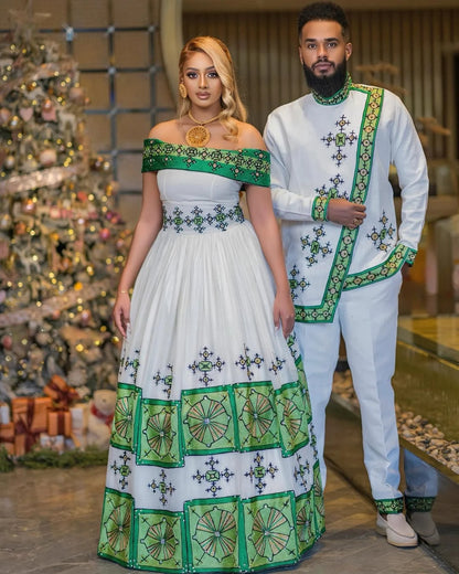 Intricate Cultural Design on Green Habesha Couples Attire