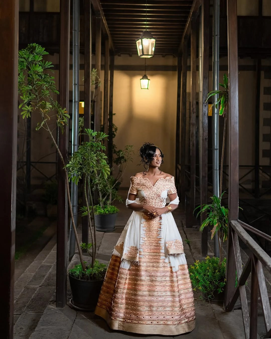 Stunning Golden and Sweet Pink Ethiopian Wedding Dress