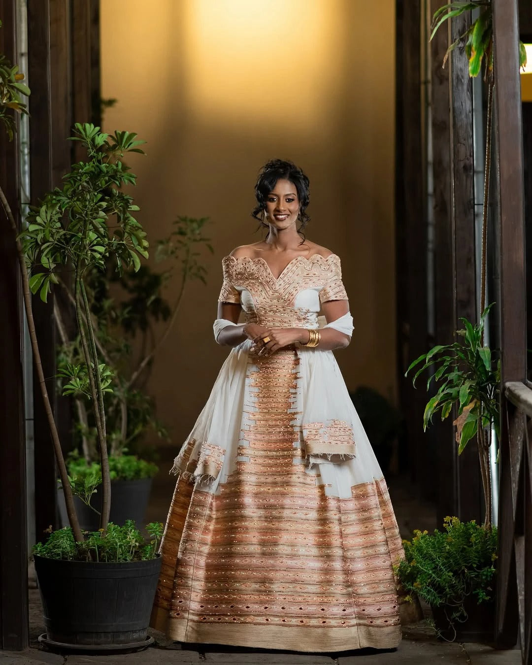 Stunning Golden and Sweet Pink Ethiopian Wedding Dress: Complex Handmade Embroidery on Habesha Wedding Dress for Your Special Day