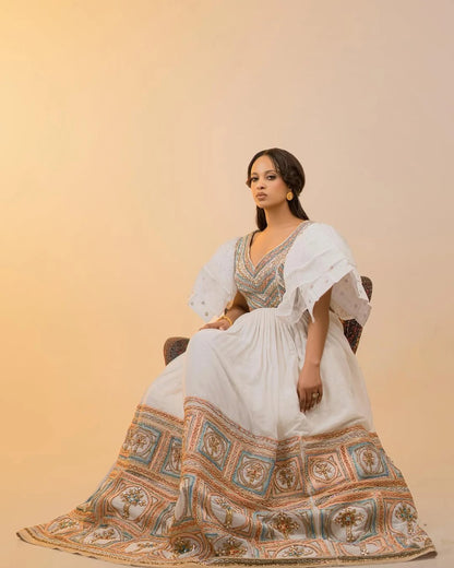 Alluring Multicolored Habesha Wedding Dress: with Puffy Sleeves and Daring Cutouts Traditional Ethiopian Wedding Dress Modern Habesha Kemis