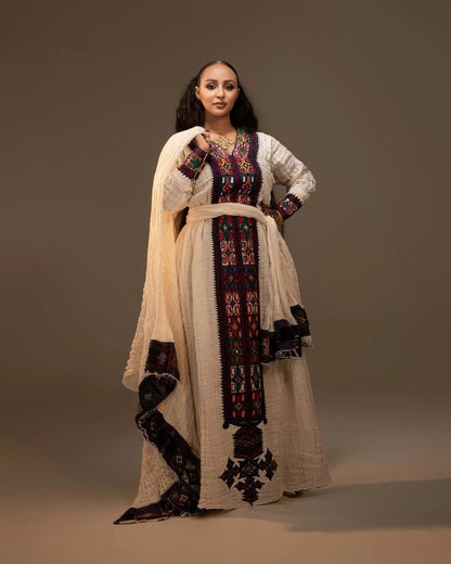 Ageless Dark Embroidered Traditional Dress: with Beige Cultural Fabric Ethiopian Dress Timeless Beauty in Eritrean Dress