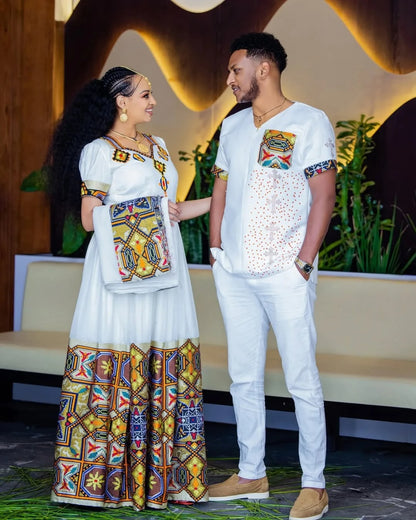 Breathtaking Multicolored Habesha Couples Wedding Outfit