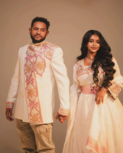 Glamourous Pink Matching Ethiopian Couples Outfit: with Handstitched Multicolored Ornaments Habesha Wedding Outfit