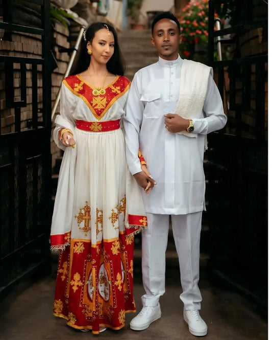 Vibrant Red Habesha Wedding Couples Outfits