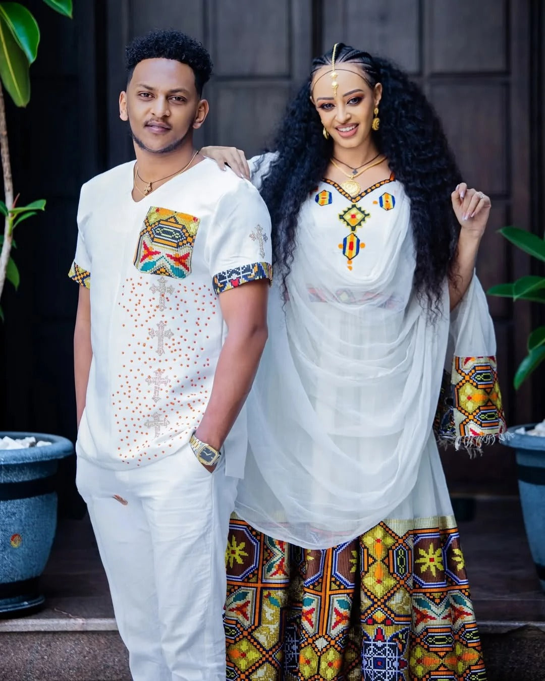 Breathtaking Multicolored Habesha Couples Wedding Outfit: Handmade Beaded Matching Ethiopian Couples Wedding Attire