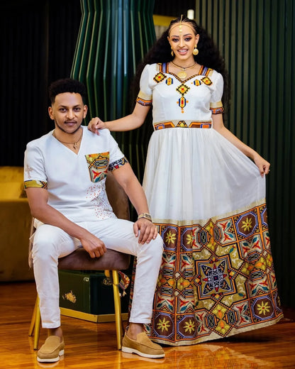 Breathtaking Multicolored Habesha Couples Wedding Outfit: Handmade Beaded Matching Ethiopian Couples Wedding Attire