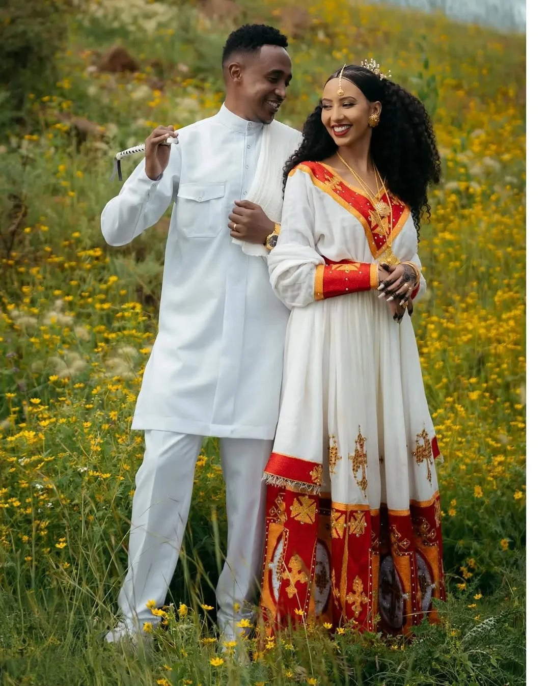 Vibrant Red Habesha Wedding Couples Outfits: Golden Cultural Embroidery Matching Ethiopian Couples Wedding Attire