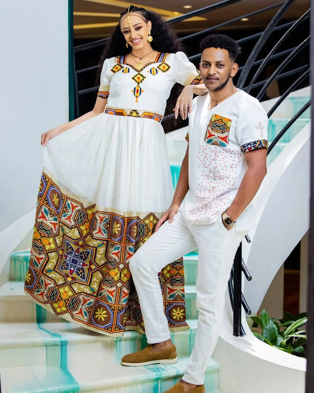 Breathtaking Multicolored Habesha Couples Wedding Outfit: Handmade Beaded Matching Ethiopian Couples Wedding Attire