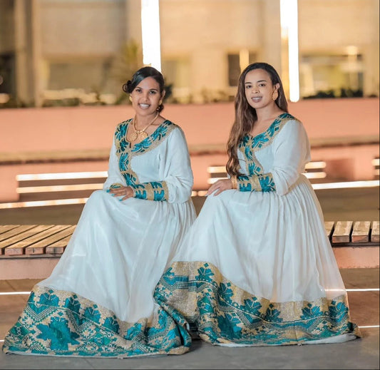 Stunning Green Habesha Dress: with Golden Mesmerizing Embroidery Traditional Ethiopian Dress Beautiful Habesha Kemis