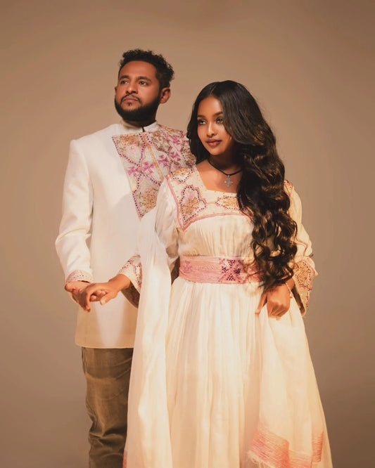 Glamourous Pink Matching Ethiopian Couples Outfit