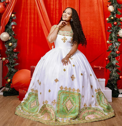 Delightful Colorful Ethiopian Wedding Dress: Beaded Detailing on Traditional Habesha Wedding Gown