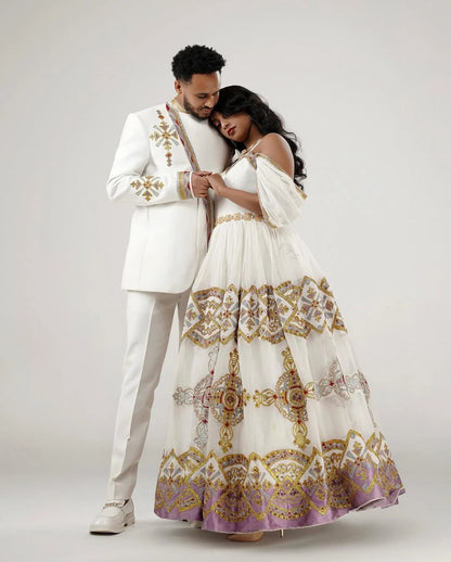 Flawless Shimmering Habesha Couples Outfits: Colorful Beaded Matching Ethiopian Wedding Outfit