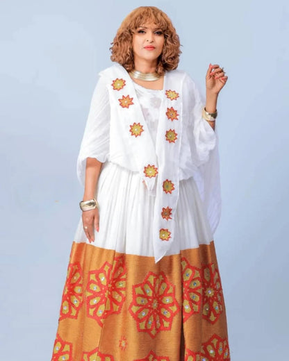 Marvelous Orange Ethiopian Dress: with Red and Yellow Flowery Designs Habesha Dress for Graceful Look Traditional Dress