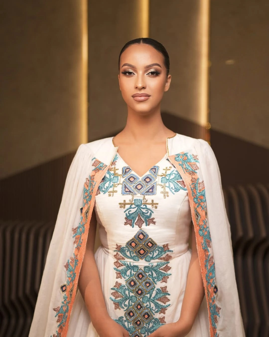 Exquisite Blue Traditional Ethiopian Wedding Gown: with Pink Embroidery and Beautiful Cape Habesha Wedding Dress