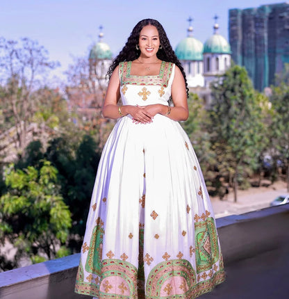 Delightful Colorful Ethiopian Wedding Dress: Beaded Detailing on Traditional Habesha Wedding Gown