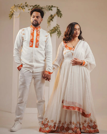 Flawless Red Matching Habesha Couples Outfits: Handstitched Golden Detailing Traditional Ethiopian Couples Outfit