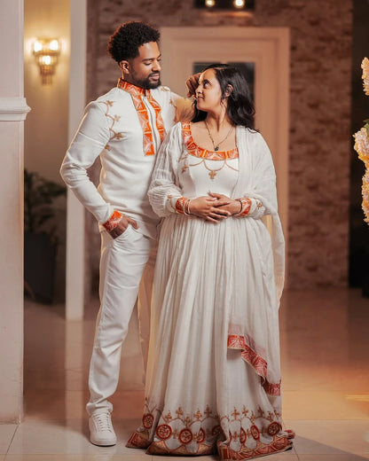 Flawless Red Matching Habesha Couples Outfits: Handstitched Golden Detailing Traditional Ethiopian Couples Outfit