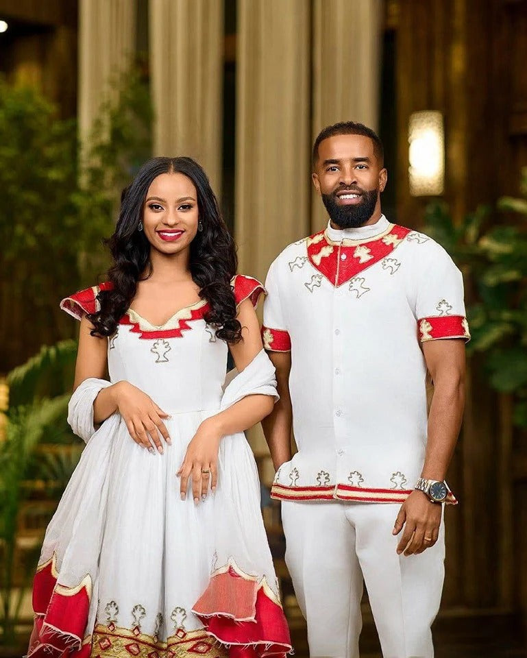 Delightful Red Habesha Couples Outfits: Golden Widen Hemline Matching Ethiopian Couples Attire