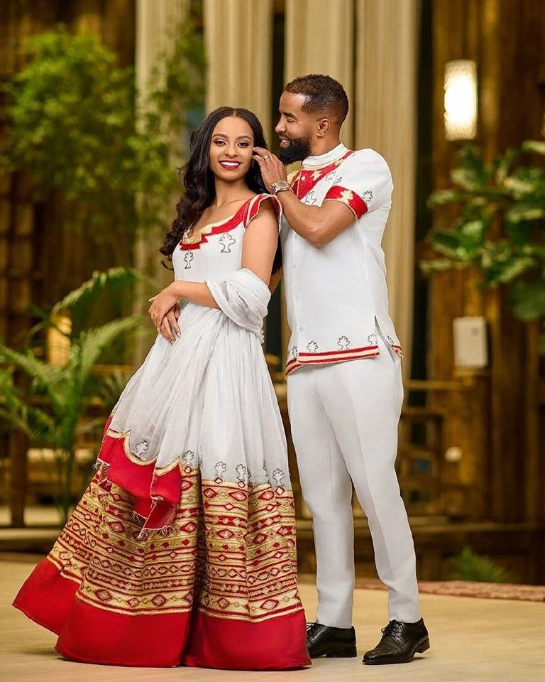 Delightful Red Habesha Couples Outfits: Golden Widen Hemline Matching Ethiopian Couples Attire