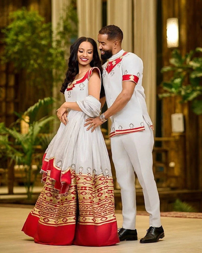 Delightful Red Habesha Couples Outfits: Golden Widen Hemline Matching Ethiopian Couples Attire