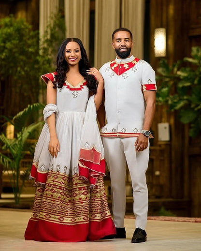 Delightful Red Habesha Couples Outfits