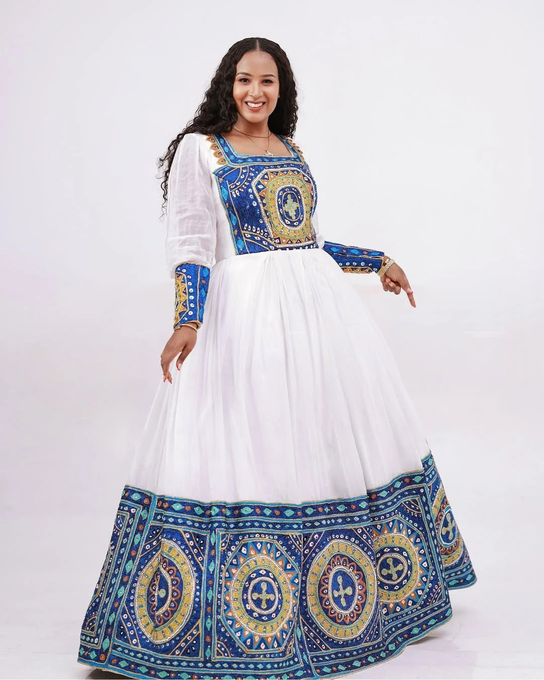 Stunning Blue Traditional Ethiopian Wedding Dress: Circular Handcrafted Detailing on Habesha Wedding Dress