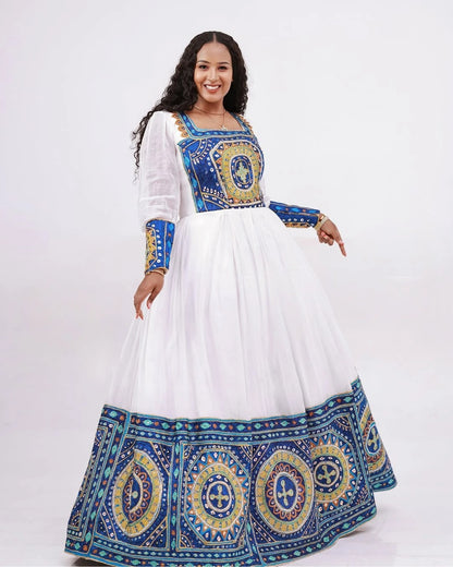 Stunning Blue Traditional Ethiopian Wedding Dress: Circular Handcrafted Detailing on Habesha Wedding Dress